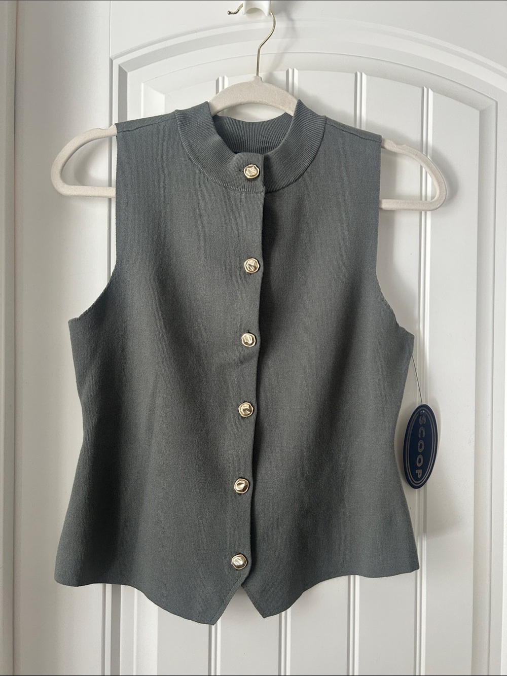 Sleeveless Button-Front Knit Shell in olive green.